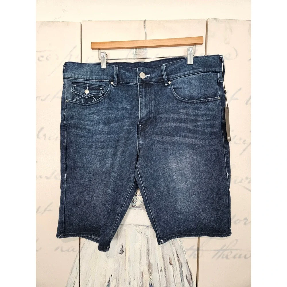 True Religion Ricky Relaxed Straight Denim Shorts‎ Dark Lagoon Wash Mens 38